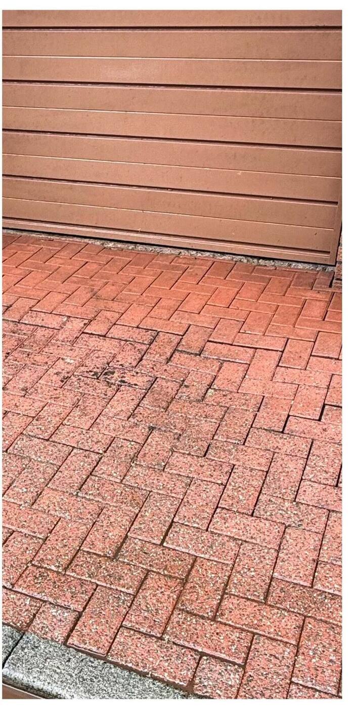 Freshly cleaned red herringbone block paving