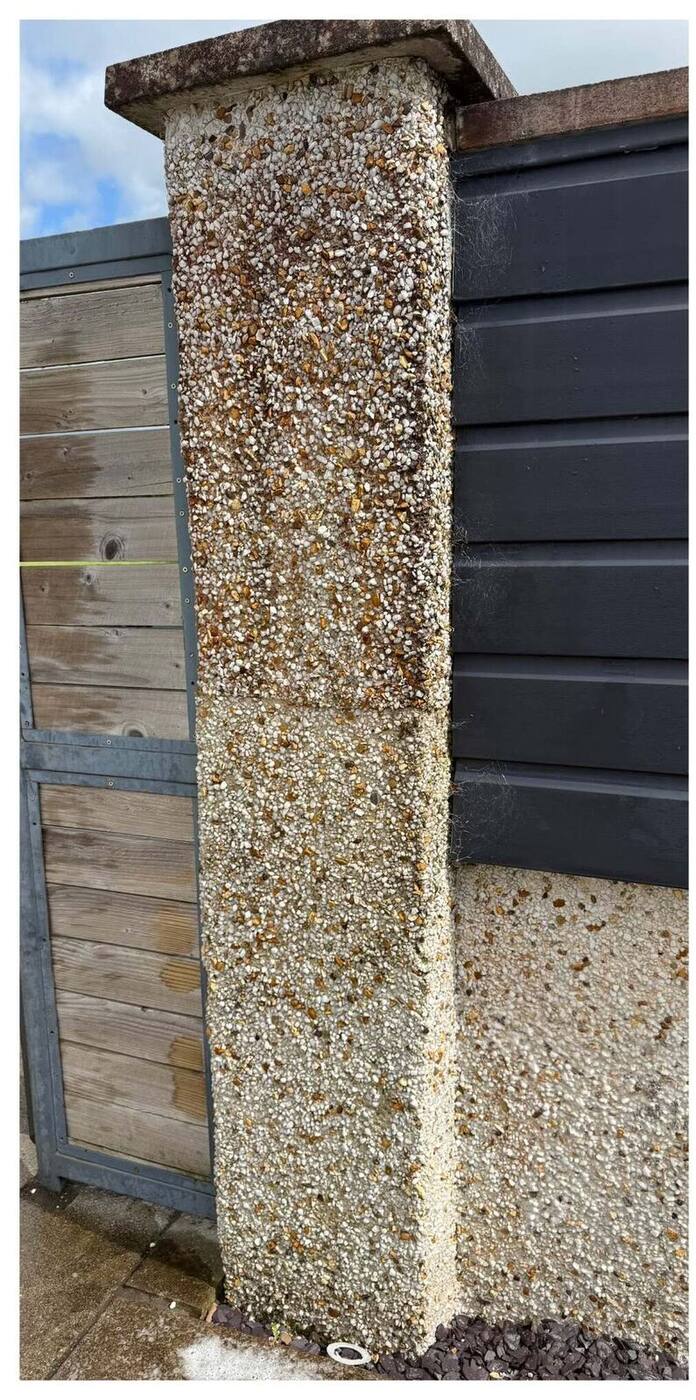 Gate pillar stained with organic growth